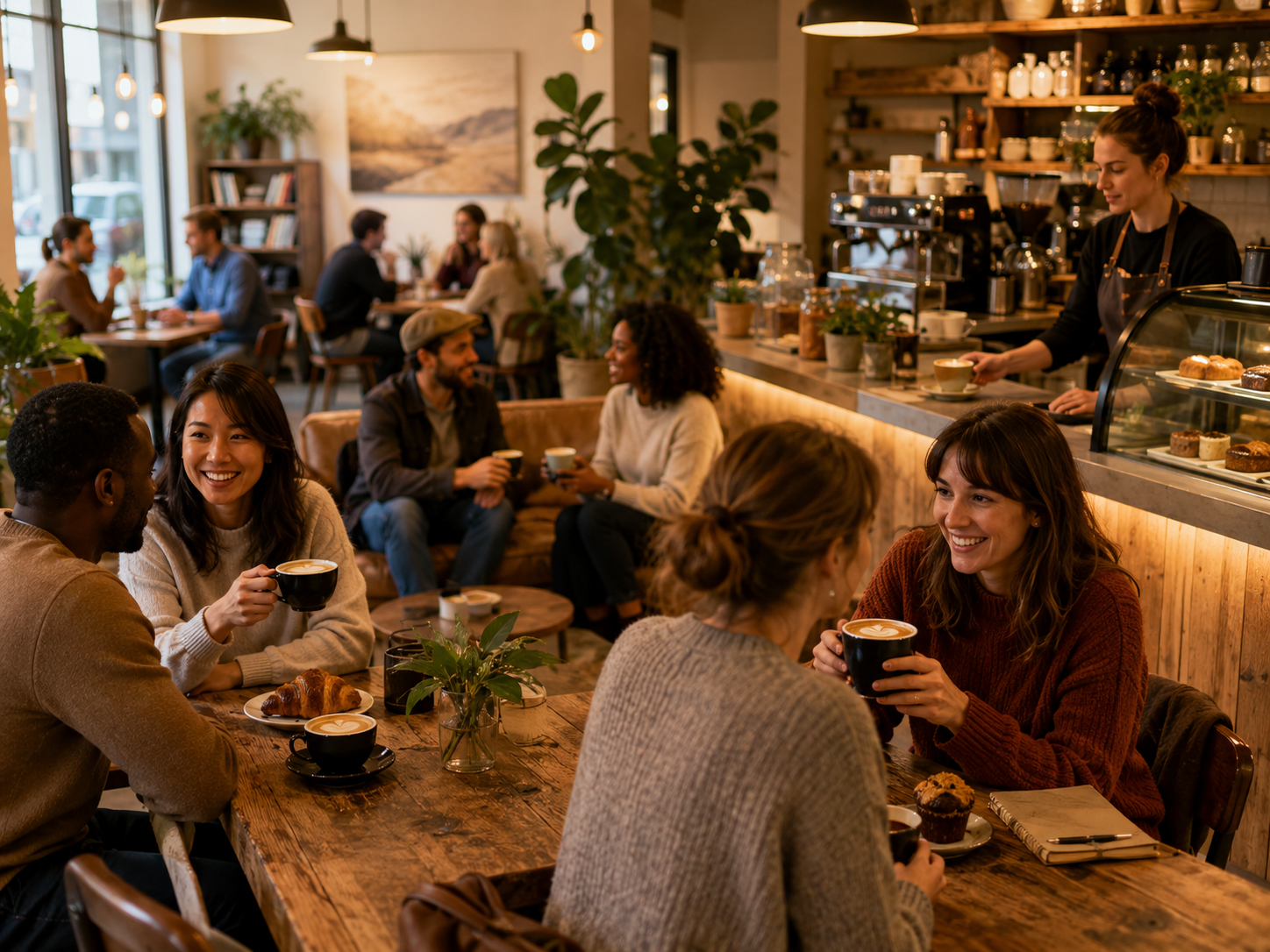 Warm coffee shop full of friendly conversations and community