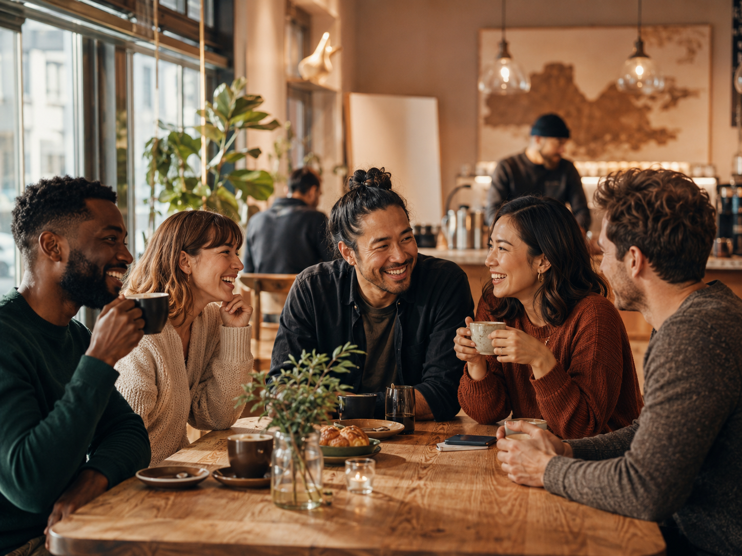 Group of friends laughing over coffee in a cozy cafe